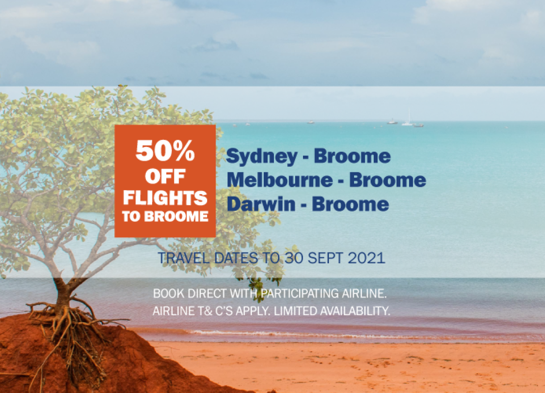 50% off Flights to Broome from Sydney, Melbourne and Darwin