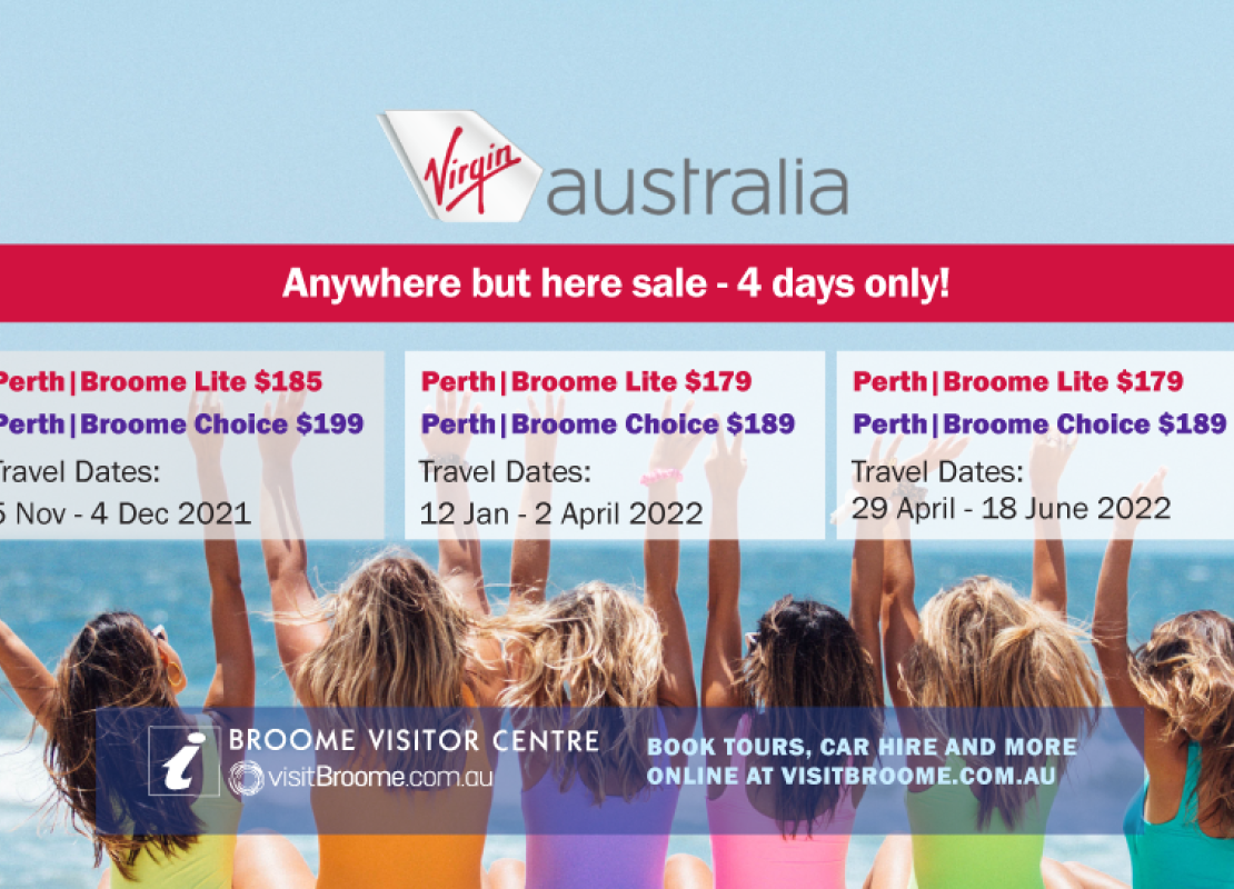 Virgin Australia 'Anywhere but here sale' on Perth | Broome flights - 4 days only!