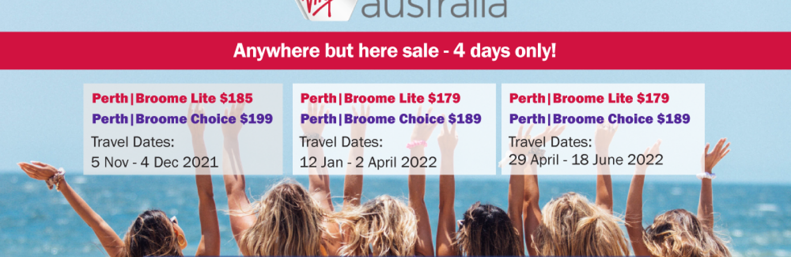 Virgin Australia 'Anywhere but here sale' on Perth | Broome flights - 4 days only!