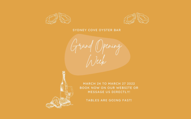 Sydney Cove Oyster Bar Grand Opening Week starts Thurs 24th March