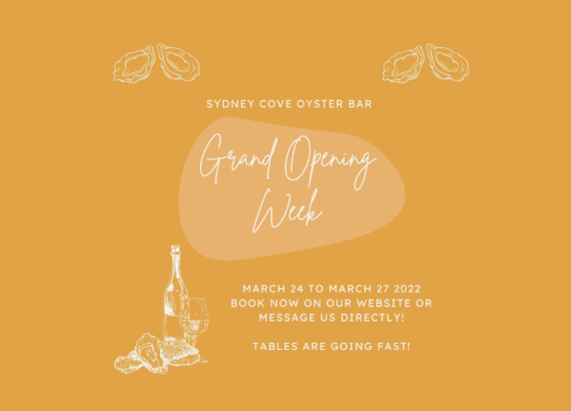 Sydney Cove Oyster Bar Grand Opening Week starts Thurs 24th March
